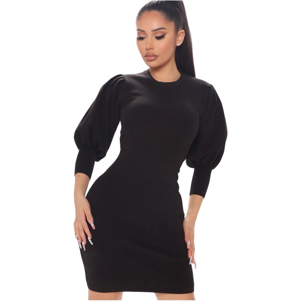 3/4 Puff Slv Mini Sweater Dress- Black Hi-Neck Fashion Nova Knit Dress- XS - NWT